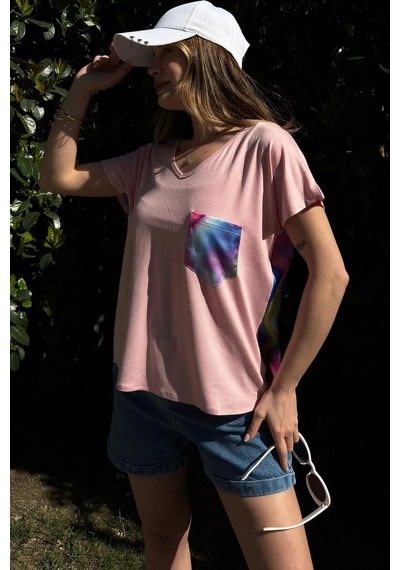 Kadın Pembe V Yaka, Cep Detaylı, Salaş Kesim, Kısa Kol, Basic Bluz Pembe