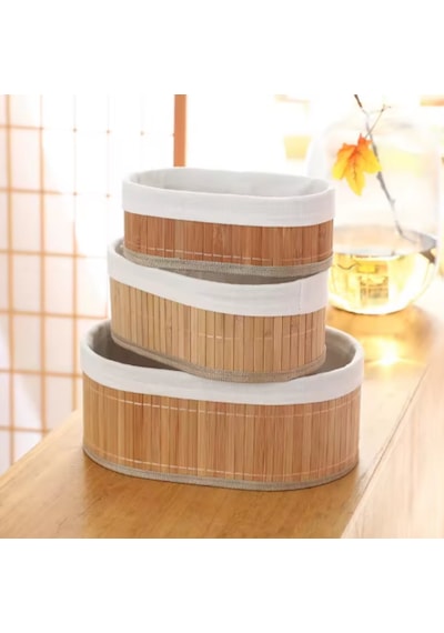 3'lü Bambu Sepet - Naturel Astarlı Çok Amaçlı Saklama Kutusu Bej