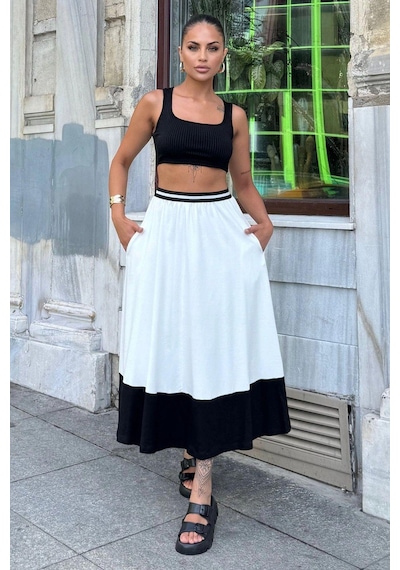 WeShaya Kadın Beyaz & Siyah Color Block Desen,beli Şerit Lastikli, Rahat Kalıp, Cepli Uzun Etek Beyaz