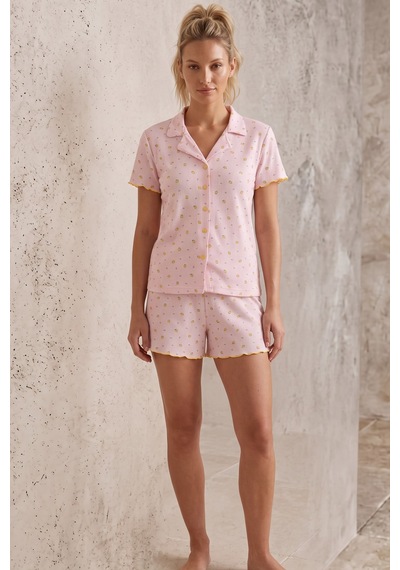 Siyah İnci Düğmeli Pointelli Örme Şortlu Pijama Takımı 26120280 Pembe Limon
