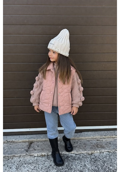 Minigimin Cicileri Kalp Desenli Taş Detaylı Kız Bebek Kapitone Montlu Triko Ve Kot Pantolon 3 Lü Takım - Pudra Minigimin Cicileri Kalp Desenli Taş Detaylı Kız Bebek Kapitone Montlu Triko Ve Kot Pantolon 3 Lü Takım - Pudra