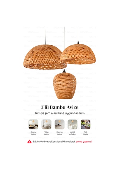 Bohem Bambu Boja Pendant 3'lü Set Sarkıt Avize Lamba - Iskandinav, Modern, Bohem, Rattan Aydınlatma Bej