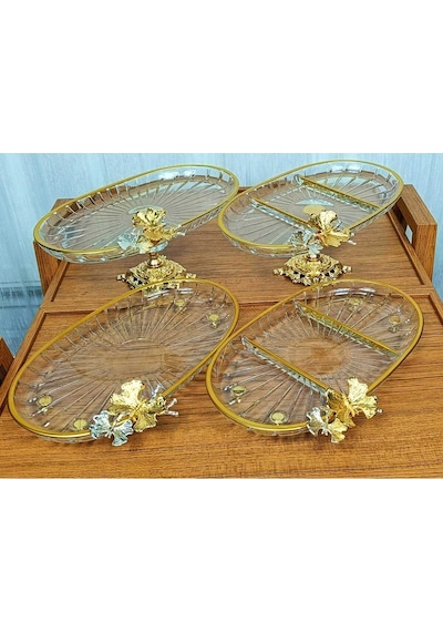 Elta Collection Yeni Seri 4 Parça Paşabahçe Gold Yaldızlı Metal Ayaklı Sunum Seti Kurabiyelik Hediyelik Gold Oval