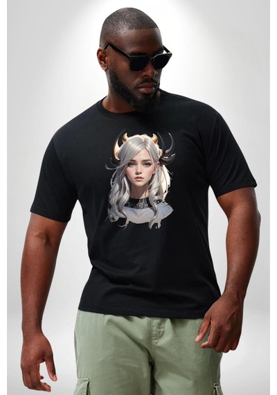 Angemiel Koç Erkek Kadın Unisex Savaşcı Siyah Büyük Beden Erkek Kadın Unisex Basic Ön Baskılı Tişört Siyah