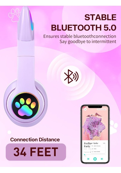 Qasul STN28 Kedi Kulak Kulaklık Yeni Sevimli Moda Bluetooth 5.0 Kulak Üstü Kulaklık