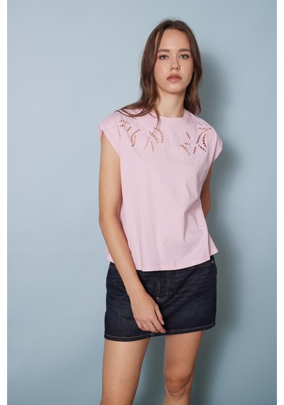 Nisan Cutwork Nakış Detaylı T-shırt Pembe