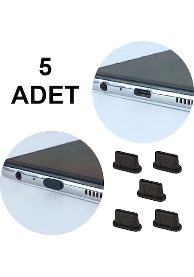 Her Türlü Type-c Portu Için 5 Adet Toz, Kir, Koruma Kapağı - Siyah - Apple Uyumlu iPhone, Samsung, MacBook, Laptop, Akıllı Cep Telefonu