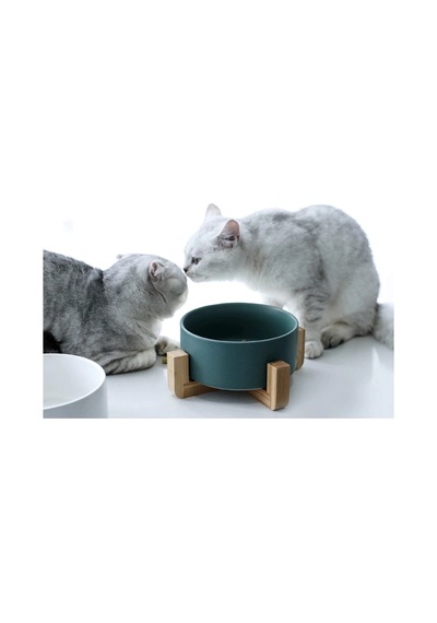 Yılmazel Seramik ve Doğal Ahşaptan Kedi Mama ve Su Kabı
