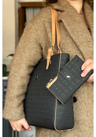 Just Polo Kadın Siyah Taba Büyük Boy El Çantası Ve Cüzdanı Kombin 31 X 32 Cm Siyah Taba Kombin