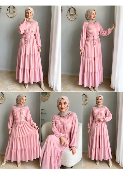 Efulim Womens İpli - Astarlı Salaş Şifon Tesettür Elbise Pembe