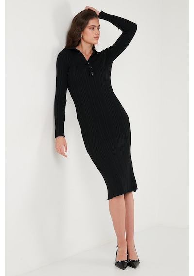 Lela Premium Fitilli V Yaka Slim Fit Midi Boy Triko Bayan Elbise 680El00282 Siyah