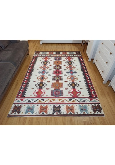 Krem Ve Çok Renkli Geometrik Desenli Halı - 12479ou Krem - Bordo