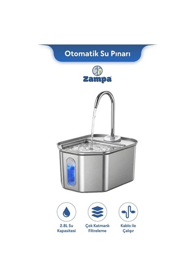 Zampa Altıgen Paslanmaz Çelik Otomatik Kedi Su Pınarı 2.8 Litre