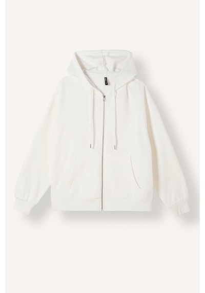 Defacto Relax Fit Kapüşonlu Cepli Basic Düz Fermuarlı Sweatshirt C1809AX24WNER105 Ekru