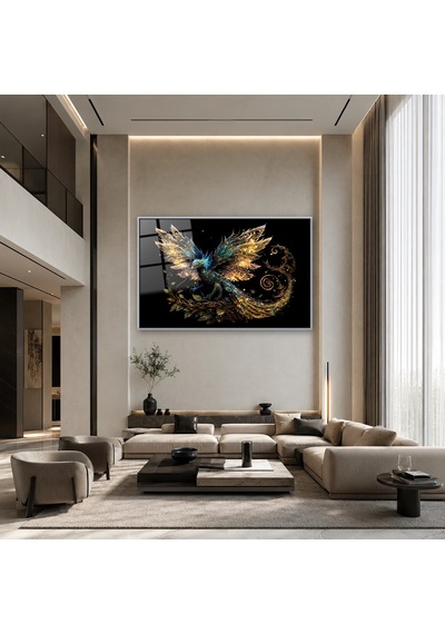 Altın Kanatlı Fantastik Kuş Gümüş Çerçeveli Cam Tablo