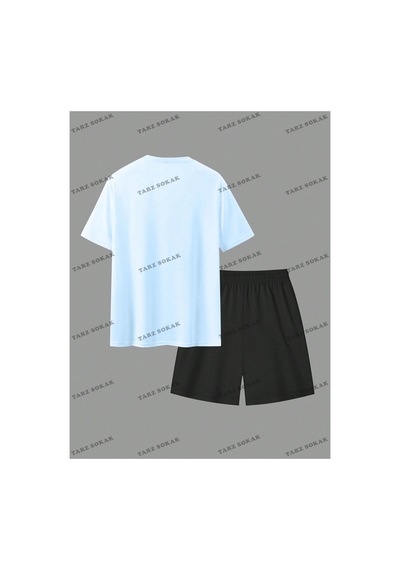 Homme Erkek Yazılı Baskılı T-shirt Ve Şort Takım Mavi