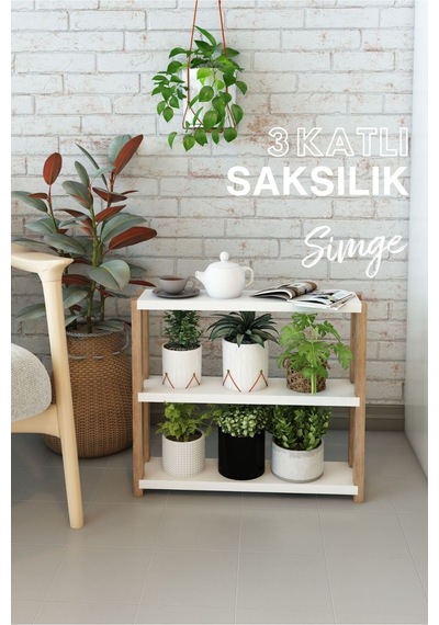 Simge Beyaz Ahşap 3 Katlı Çiçeklik, Saksılık, Çiçek Standı, Dekoratif Raf / Çok Amaçlı Kullanım Beyaz - 652232159 Beyaz