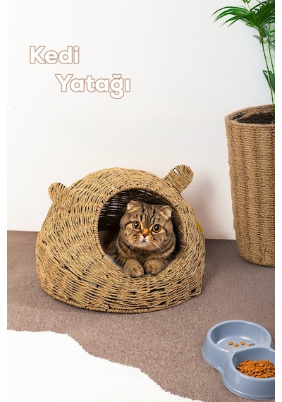 Porsima Ph49 Doğal Hasır Örgü Kedi Köpek Yuvası Kedi Köpek Yatağı 55x40cm