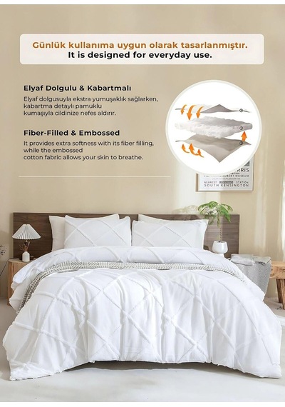 Evlen Home Pamuklu Aimar Yatak Örtüsü Takımı Çift Kişilik Günlük Boho 3 Parça Elyaf Dolgulu Beyaz Beyaz