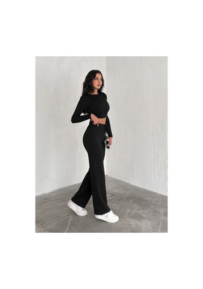 Dechival Kadın Bol Paça Fitilli Pantolon Yazlık Wide Leg Eşofman Altı Siyah