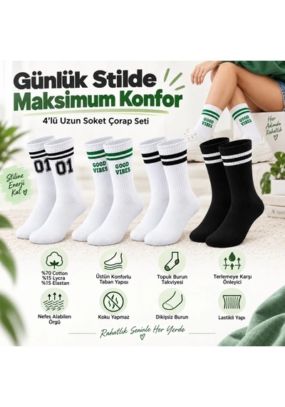 Storeşahin Unisex Çorap Çizgili 8'li Set 07 Good Vibes Yazılı Siyah Beyaz Uzun Soket Spor Kolej Stil Çorap Shn0720 Çok  Renkli