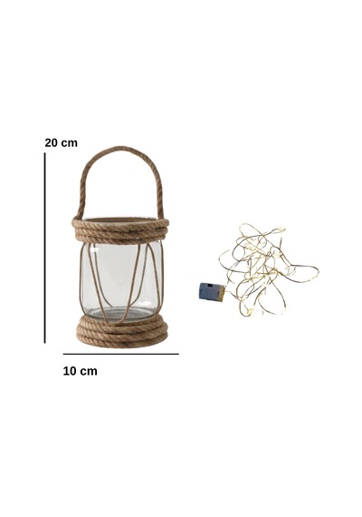 Dyris Rustik Halatlı Cam Fener 20x10 Cm Pilli Peri Ledli Askılı Balkon & Bahçe Lambası