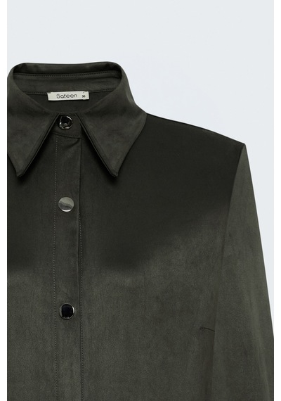 Sateen Çıtçıt Detaylı Süet Gömlek - Haki-138124