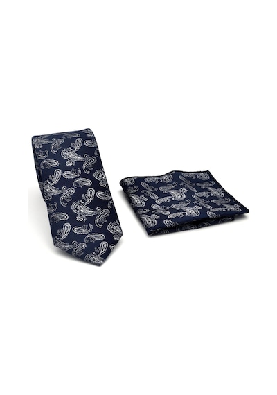 Gaffy Gri Şal Desenli Lacivert Dokuma Kumaş Mendilli Slim Fit Kravat // Sdk-2507-2 Lacivert