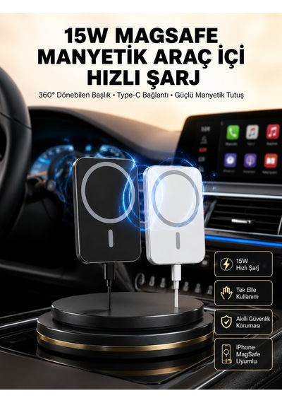 15w Kablosuz Destekli Magsafe Araç Tutucu Havalandırma Klipsli 10000mah Powerbank Siyah