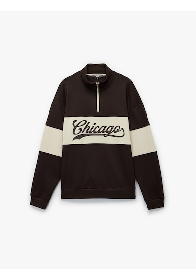Koton Uzun Kollu Baskılı Oversize Renk Bloklu Yarım Fermuarlı Sweatshirt Kahverengi 6wam70083mk Kahve