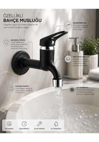 Lüx Siyah Mix Aç-kapa Bahçe Lavabo Musluğu Wc Tuvalet Uyumlu Musluk