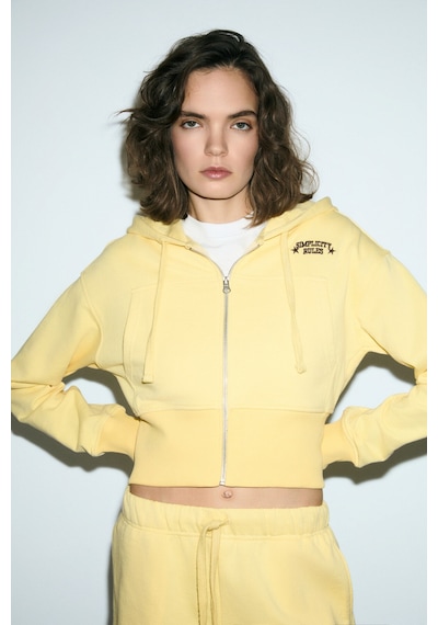 Grımelange Elara Kadın Metal Fermuarlı Nakışlı Kapüşonlu Crop Sarı Sweatshirt Sarı
