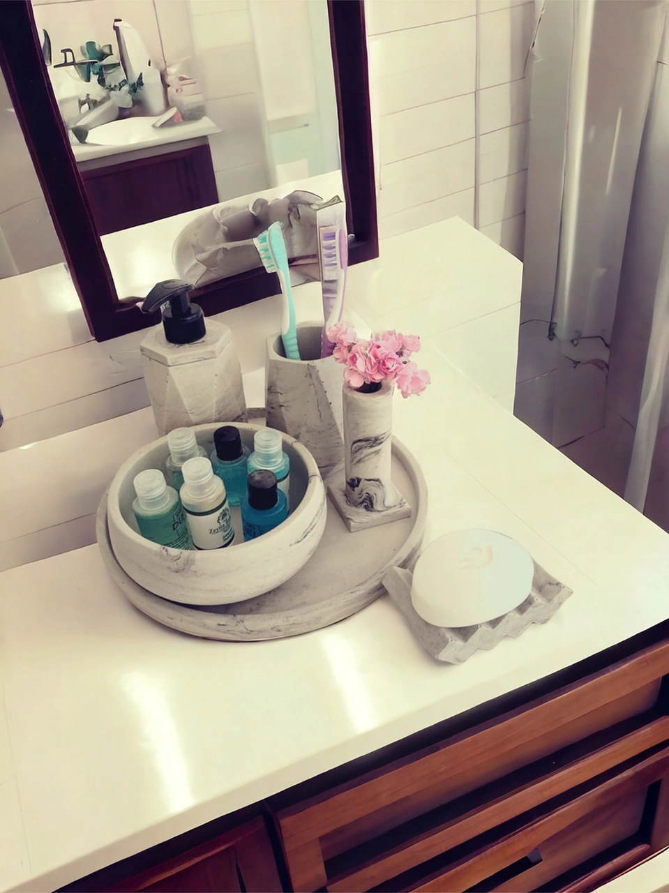 6'lı Mermer Desenli Antrasit Beton Banyo Seti , Sıvı Sabunluk Diş Fırçalığı Aksesuar Takım Antrasit