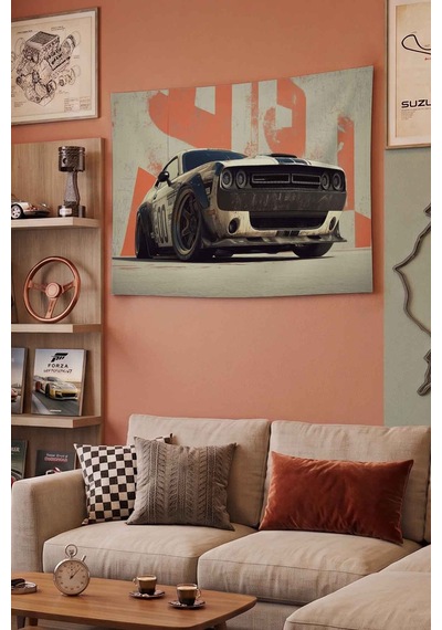 Dodge Challenger Vintage Yarış Aracı Dekoratif Duvar Örtüsü Duvar Halısı Beyaz