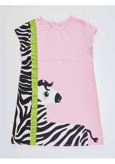 Fırfırlı  Zebra  Kız  Çocuk  Pembe  Yazlık  Elbise