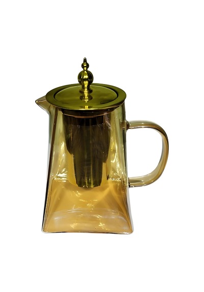 Morponi Borosilikat Cam Amber Metal Süzgeç Ve Kapaklı Demlik Piramit 950 Ml Amber