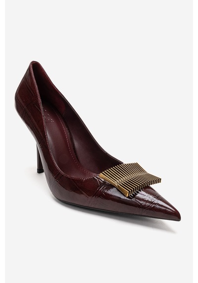 Luvishoes Dexen Bordo Baskı Metal Tokalı Kadın İnce Topuklu Ayakkabı