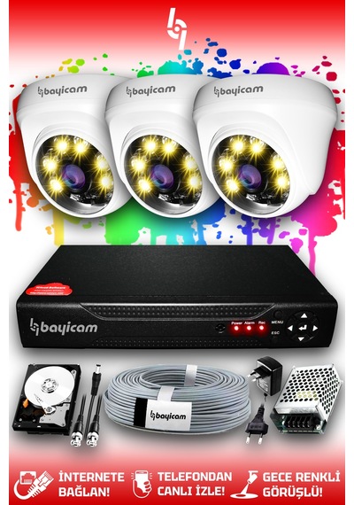 Bayicam 3 Kameralı Dome 3 İç Kamera Set 100 GB HDD Full HD Renkli Gece Görüşlü Güvenlik Kamerası Sistemi