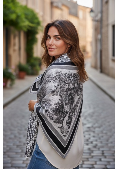Miorel Scarfs Safari Tema Çift Taraflı Vual İpek Eşarp Silk Scarf Hijab Aksesuar Fular Cd Desen Siyah