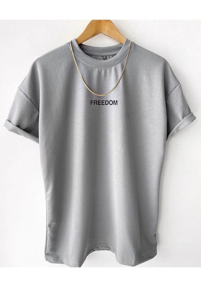 Flood Of Style Erkek Gri Freedom Baskılı Oversize Bisiklet Yaka Kısa Kollu T-shirt