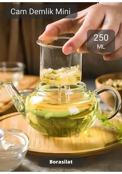 Mini Cam Demlik Şeffaf Süzgeçli Demlik Isıya Dayanıklı Bitki Çayı Demliği Borosilat 250 Ml Çap 5.5