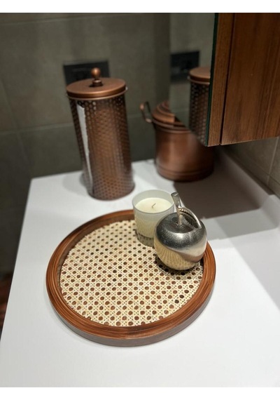 Rattan Hazeran Yuvarlak Tepsi Eskitme %100 Doğal Hazeran