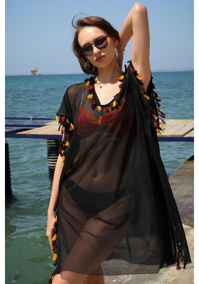 Modi Moda Çizgi Kadın İşlemeli Tunik Pareo Plaj Elbisesi Siyah 38045