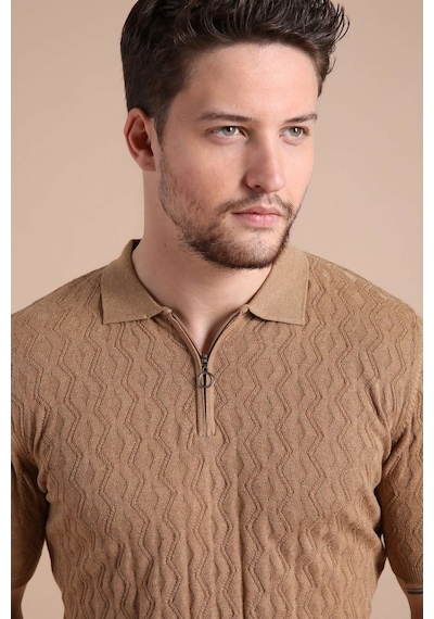 Ferraro Camel Polo Yaka Fermuarlı Erkek Pamuk Triko T-Shirt-Kahverengi (417942562) Kahverengi