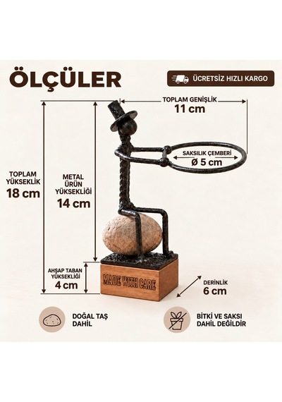 Kişiye Özel Sukulent Saksı Standı – Kayada Dinlenen Metal Heykel ve Ahşap Kaide SPH007