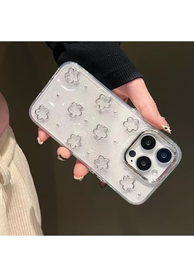 3d Gümüş Çiçekli Şeffaf Simli İphone 13 Pro Uyumlu Kılıf Kamera Korumalı, Darbe Emici Silikon Diğer