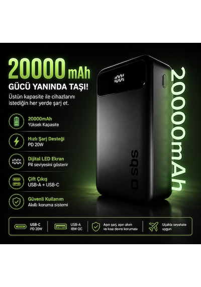 Sbs 20000 Mah Powerbank 20w Pd Hızlı Şarj Lcd Ekranlı Usb-c & Usb-a Taşınabilir Harici Batarya Siyah 20.000 Mah