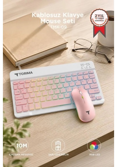 Özel Seri Tmk09 Pembe Kablosuz Klavye Mouse Seti Akıllı Modern Tarz Renkli Aydınlatma