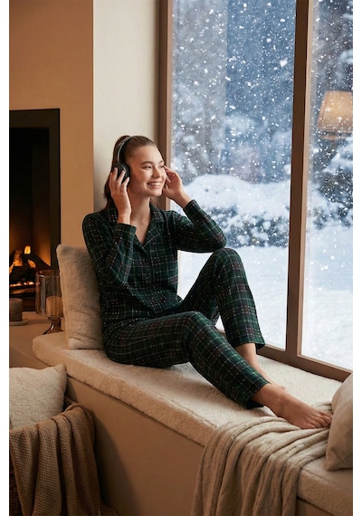 Lela Desenli Beli Lastikli Gömlek Yaka Dokuma Bayan Pijama Takımı 6095660W4 Yeşil