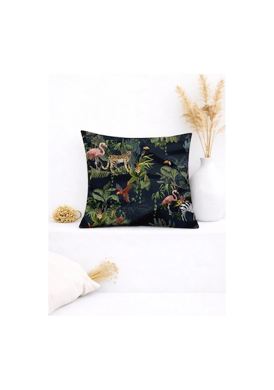 Tropik Orman Desenli Dekoratif Kırlent Kılıfı 45x45 Cm Lacivert